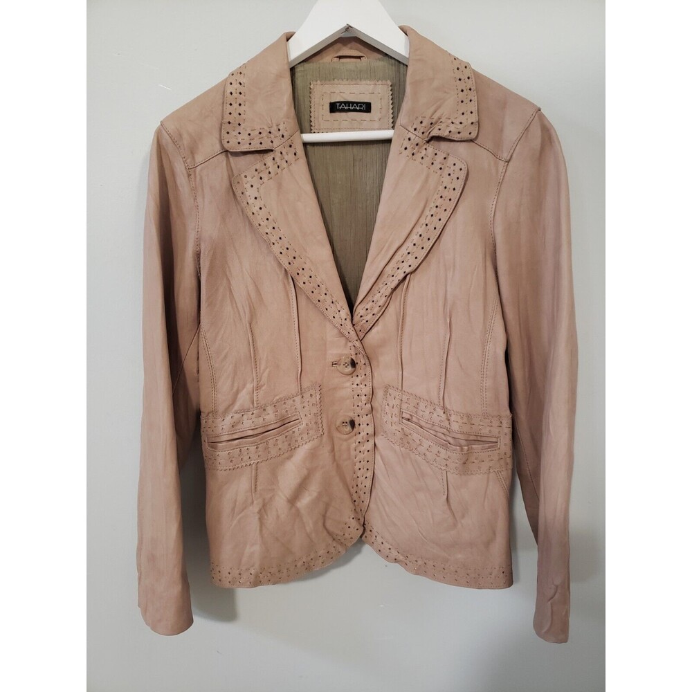 Elie Tahari Leather Jacket Size M Coat Blazer Short Beige Fitted Long Sleeve